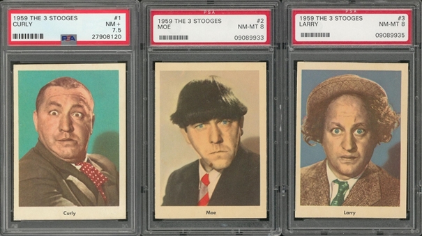 1959 Fleer "Three Stooges" Portrait Cards PSA NM+ 7.5 and PSA NM-MT 8 Trio (3 Different) – Including #s 1 Curly, 2 Moe and 3 Larry